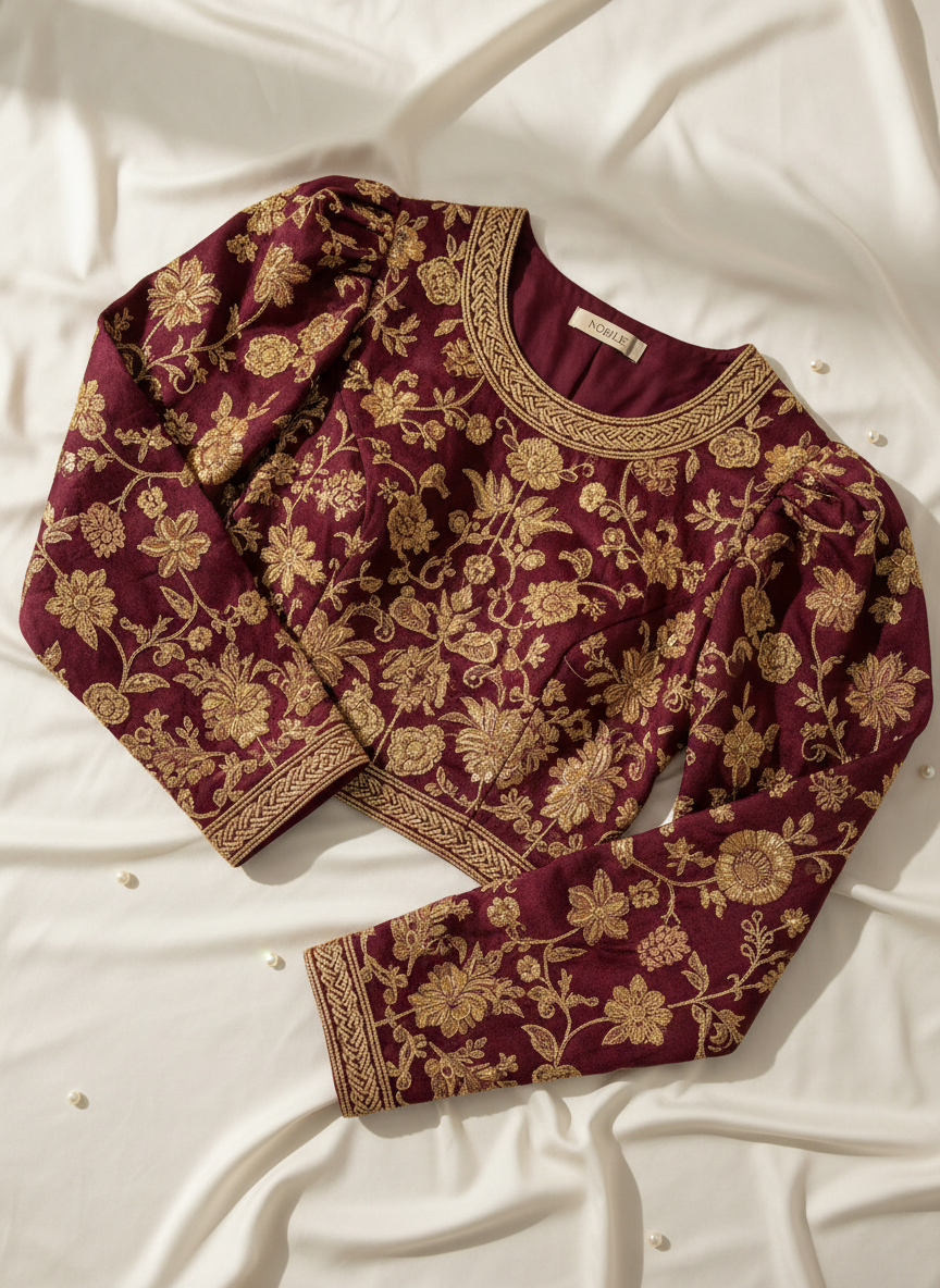 Deep burgundy embroidered blouse with gold thread detail