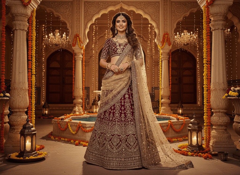Rich festive occasion wear, woman in burgundy and gold embroidered outfit, warm dramatic lighting, luxury Indian festive fashion campaign