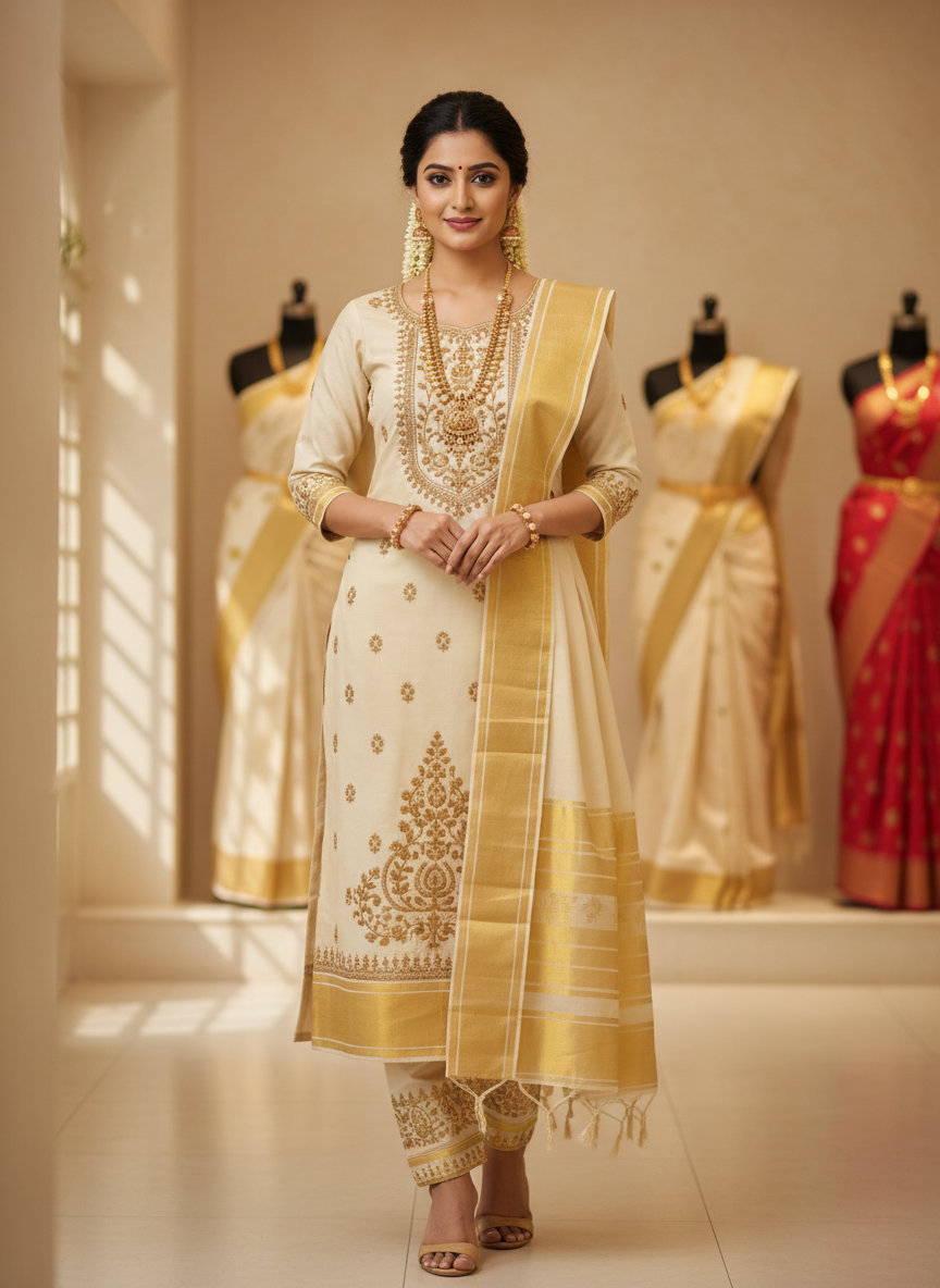 Kasavu churidar in cream and gold