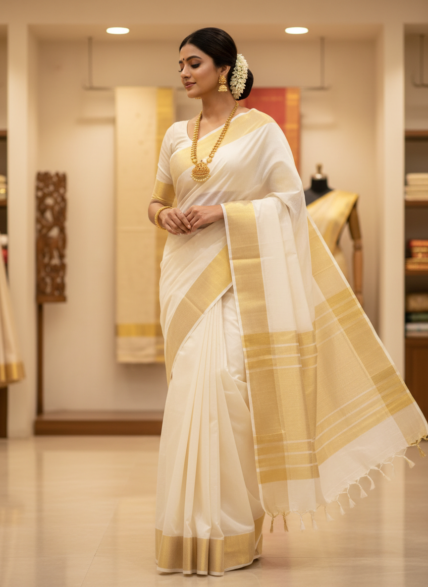 Kerala Kasavu saree in pure cotton with gold border