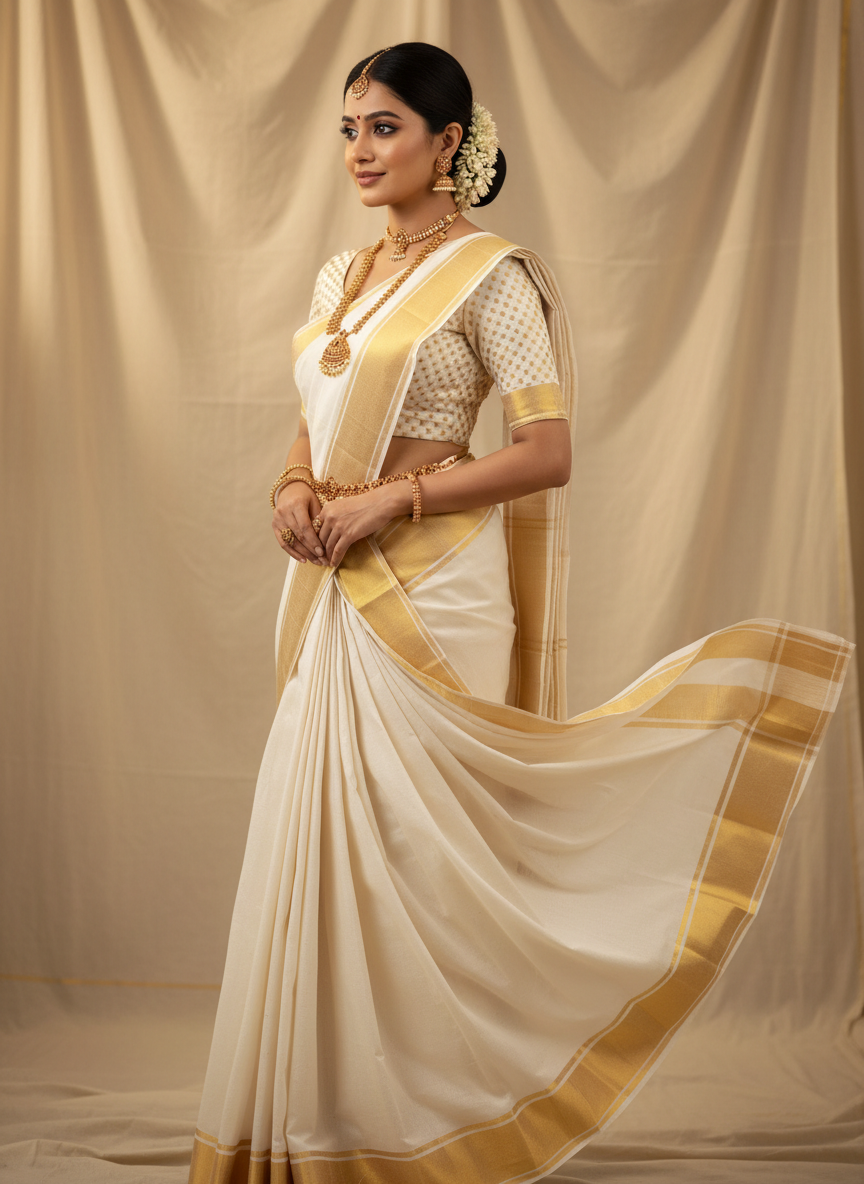 Traditional Kerala dhoti set in white and gold