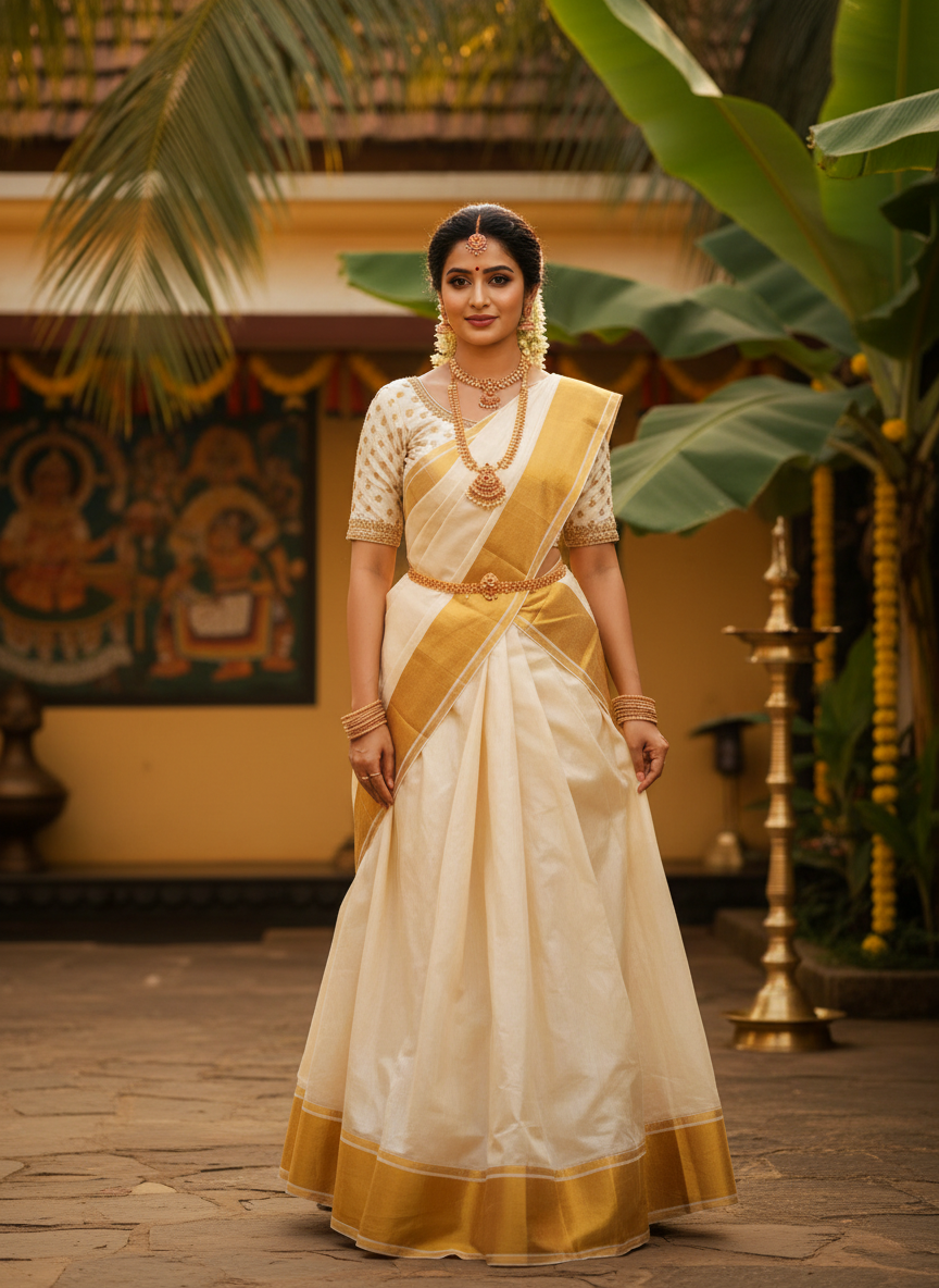 Onam Pavada in cream with gold border